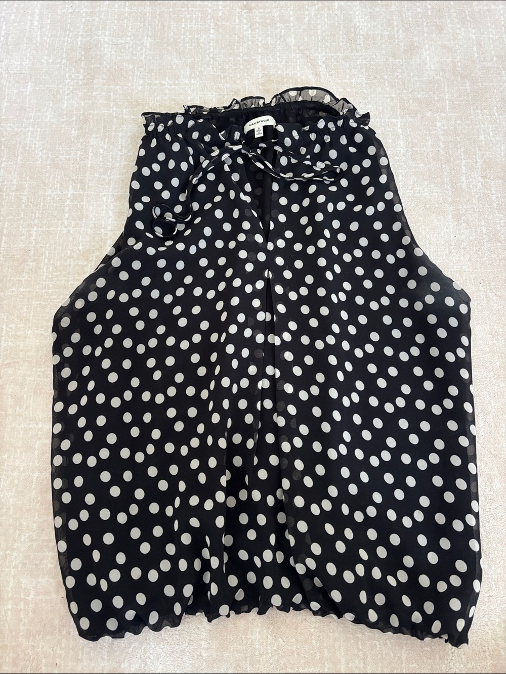 Polka Dot Sleeveless Tie-Neck Blouse - Black/White